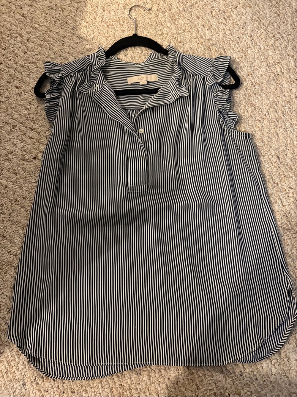 LOFT Navy and White Vertical Stripe Ruffle-Sleeve Shell